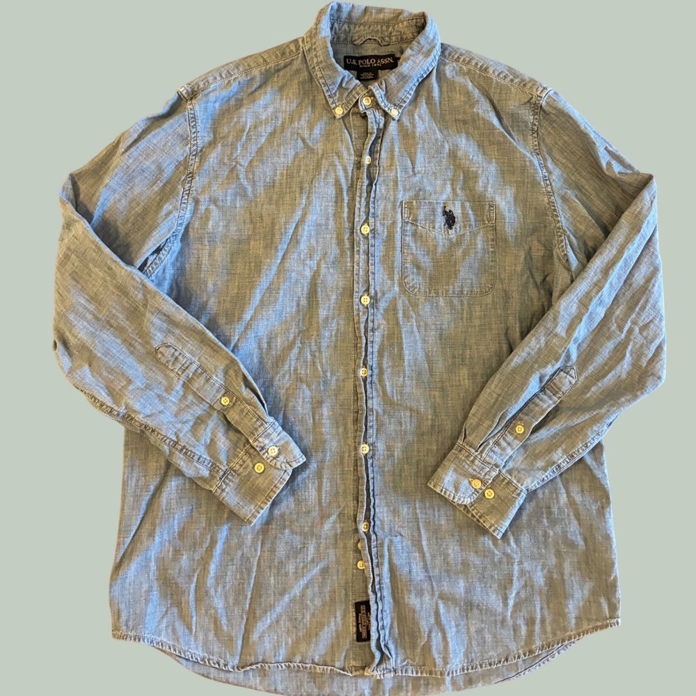 US Polo Assn Mens Large‎ Blue Chambray Button Down Shirt Long Sleeve Pony Logo